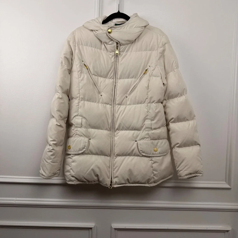 Lauren Ralph Lauren Womens Cream Down Feather Puffer Jacket Hooded Coat‎ Medium